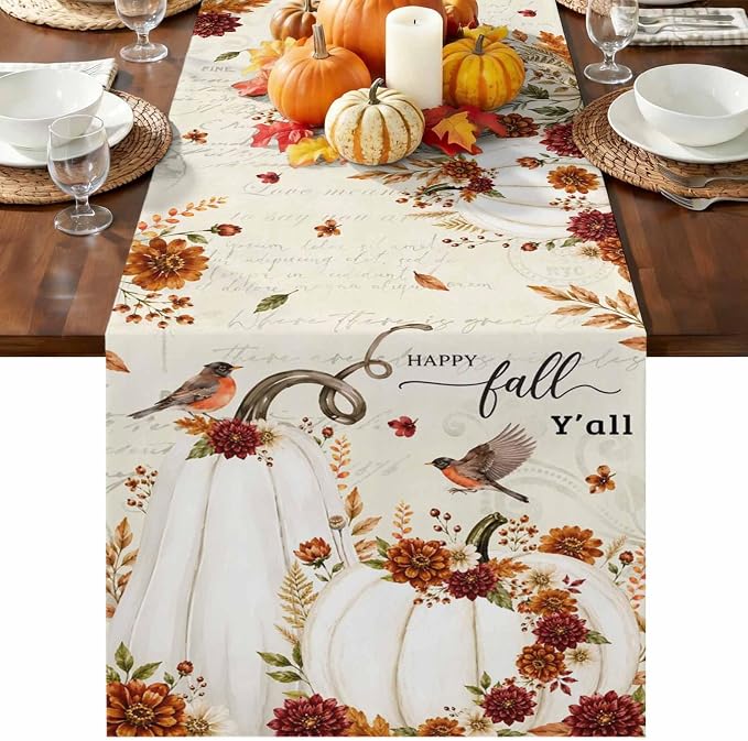 White Pumpkins Fall Table Runner 72 Inches Long, Thanksgiving Harvest Table by Unknown