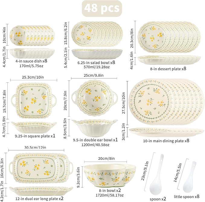 Ceramic Dinnerware Set, Floral Plates and Bowls Sets, Microwave & Dishwasher - Image 3