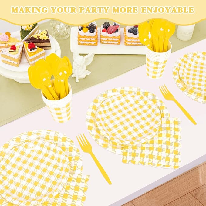 Vyntra 350 Pcs Yellow & White Checkered Gingham Paper Plates and Napkins Set - Image 7
