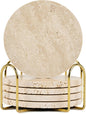 Italian Travertine Coasters Set of 5 with Holder, Round Beige Marble Drink Coasters for Coffee Table Decor Housewarming Gift, Unique Natural Stone Absorbent Coaster for Surface Protection