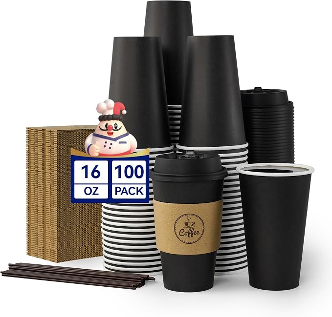 JOLLY CHEF 16 oz Coffee Cups-100 Pack, Disposable Black Hot Paper Cups by JOLLYCHEF