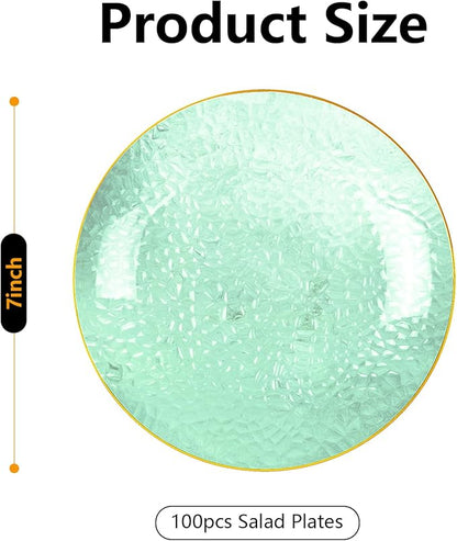 Rubtlamp 100 Pcs Clear Green Plastic Plates, Gold Hammered Plastic Salad Platos, Green Disposable Platos With Gold Rim,7 Inch Dessert Platos Disposable, Dessert Appetizer Platos
