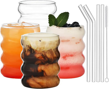 ALINK 16 oz Bubble Drinking Water Glasses Tumblers- Glass Cups Cute Ripple by ALINK