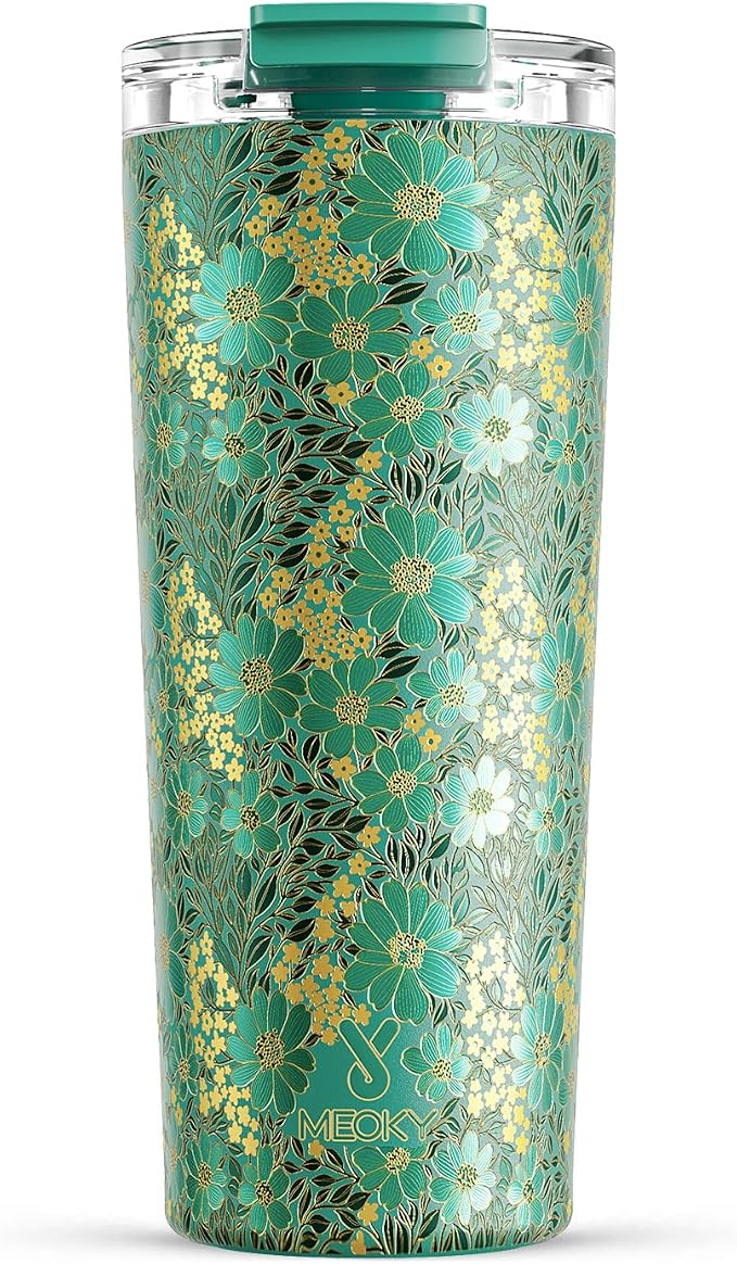 Meoky 24 oz Insulated Travel Coffee Mug: Leak Proof Lid, Emerald Bloom | by MEOKY