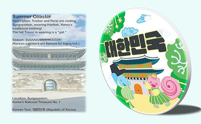Cute Coasters Set of 4, Korean Home Decor,Traditional Palace and Seoul Tower Theme, Cute Style Coaster for Coffee Table, 4.25 Inches, Coasters with Gold Holder, Doggie, Chipmunk