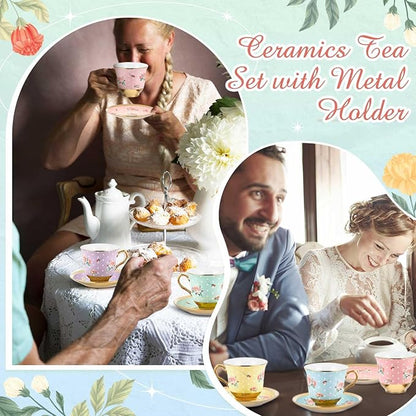 Teenyyou Set of 18 Tea Cups and Saucers Tea Party Decorations Floral Porcelain - Image 7