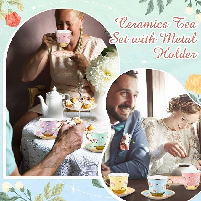 Teenyyou Set of 12 Tea Cups and Saucers Tea Party Decorations Floral Porcelain - Image 6