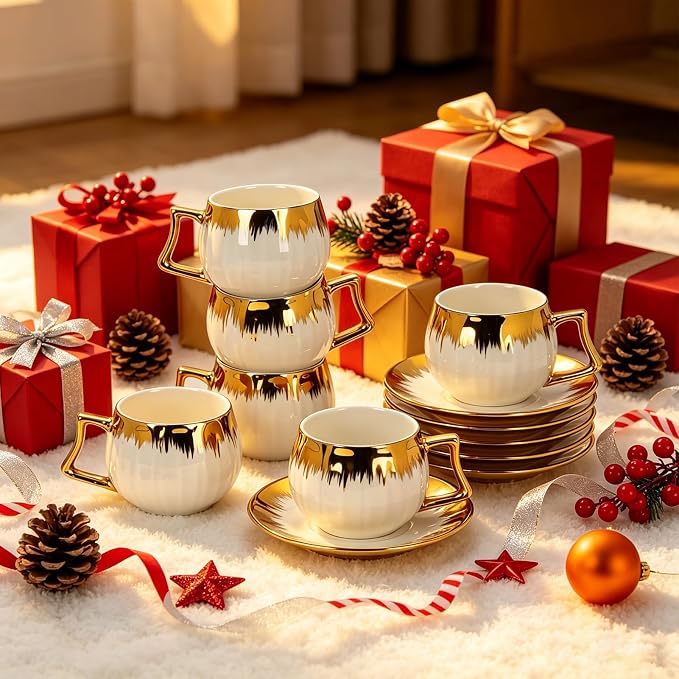 3.5 OZ Espresso Cups with Saucers, Ceramic Coffee Cup Set of 6, Turkish Coffee - Image 6