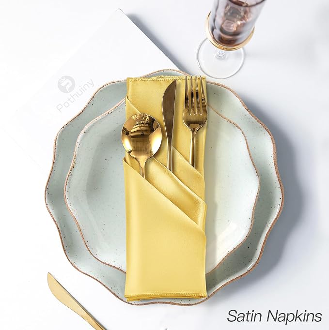 P Pothuiny 12 Pcs Gold Satin Napkins 17 x 17 Inch, Satin Cloth Napkins | Square - Image 3