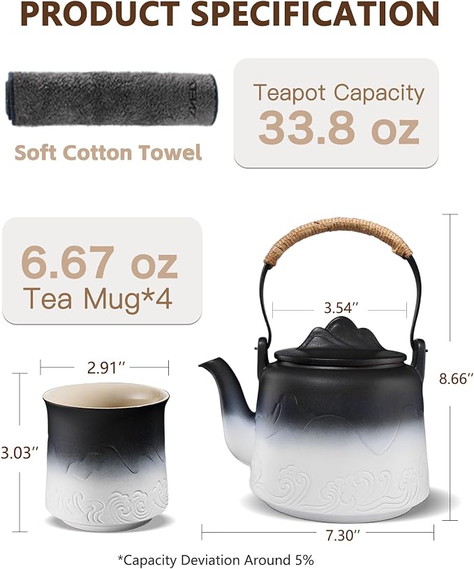 ZENS Japanese Tea Set with 4 Cups, 33.8oz Ceramic Infuser Pot - Image 4