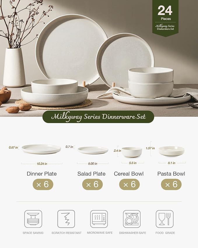 Famiware Milkyway 24-Piece Stoneware Plates and Bowls, Matte Beige White | - Image 2