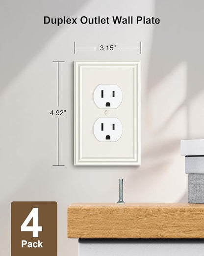 4-Pack Duplex Outlet Cover, Durable Solid Zinc Alloy Decorative Switch Plates and Outlet Covers, Light Almond Wall Plates for Electrical Outlets, 1 Gang Receptacle Cover, Corrosion Resistant