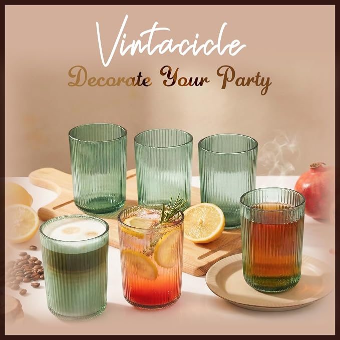 Green Ribbed Highball Glasses Set of 6, 13.2oz Sage Green Colored Glassware - Image 5