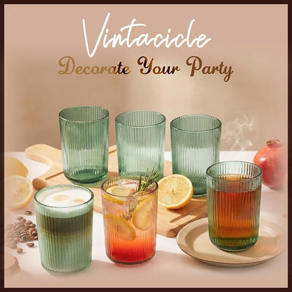 Green Ribbed Highball Glasses Set of 6, 13.2oz Sage Green Colored Glassware - Image 5