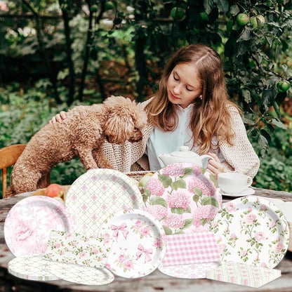 60Pcs Floral Plates and Napkins-Girls Pink Party Supplies Vintage Flower Tea - Image 3