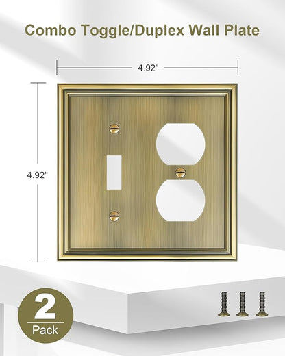 2-Pack Combo Toggle/Duplex Light Switch Cover Plate, Antique Brass Wall Outlet Cover Plate, Decorative Wall Receptacle Cover for Electrical Outlets, Light Switch, Durable Solid Zinc Alloy