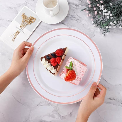 BESTVIP 200PCS Rose Gold Plastic Plate, Disposable Party Plates with 100 Dinner Plates and 100 Dessert Plates, Plastic Plates for Party, Wedding and Birthday