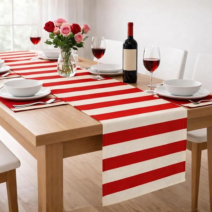 Folkulture Fall Table Runner 72 Inches Long| Red & White Horizontal Striped | by FOLKULTURE