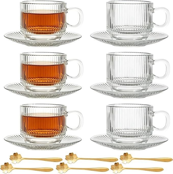 Atarvana 6 Pack Glass Tea Cups and Saucers Set by Atarvana