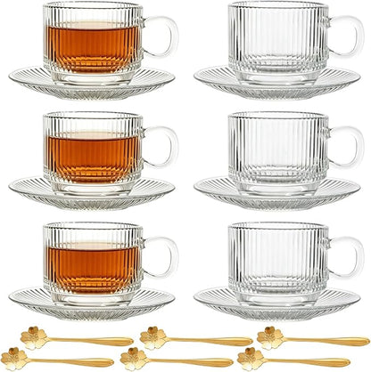 Atarvana 6 Pack Glass Tea Cups and Saucers Set by Atarvana