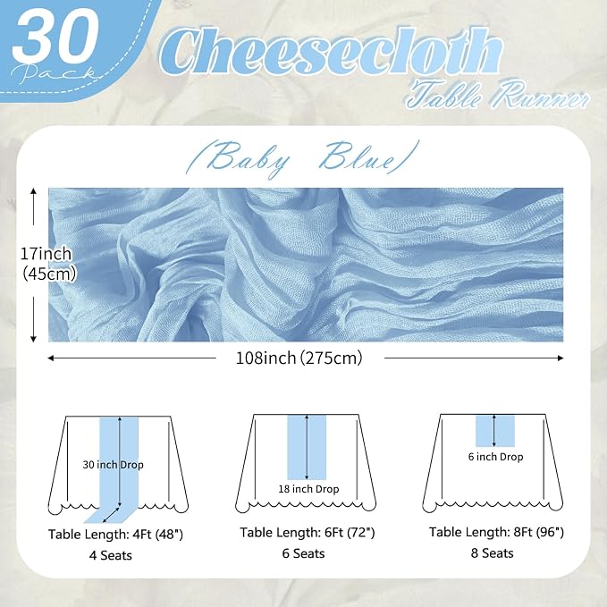 30 Pack Baby Blue Cheesecloth Table Runner 17 x 108 inch Cheese Cloth Table - Image 2