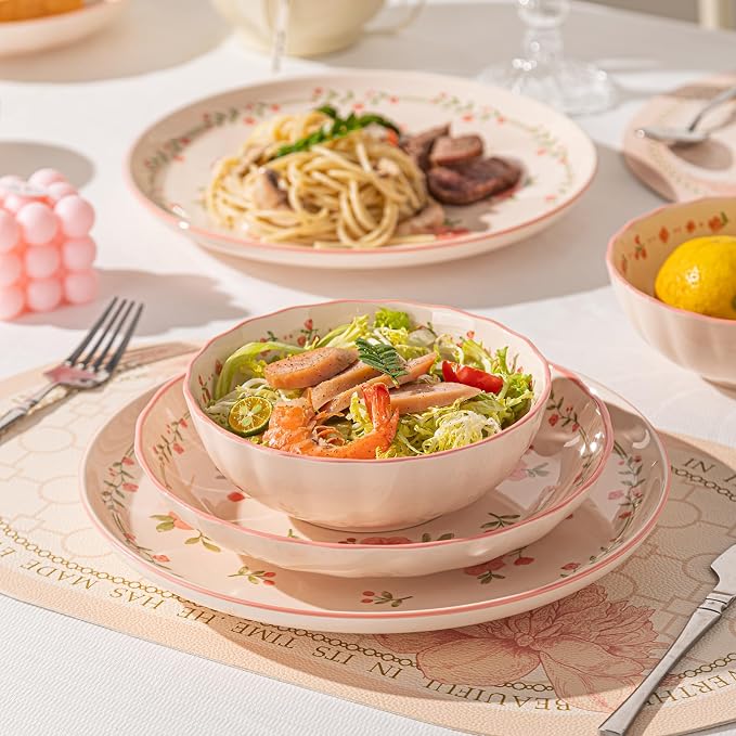 Ceramic Dinnerware Set, Floral Plates and Bowls Sets, Microwave & Dishwasher - Image 2