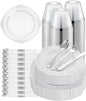 Goodluck 350 Piece Silver Plastic Dinnerware Set for 50 Guests, Fancy Disposable Plates, Include: 100 Silver Rim Plastic Plates, 150 Silverwares, 50 Pre Rolled Napkins, 50 Cups for Party, Wedding