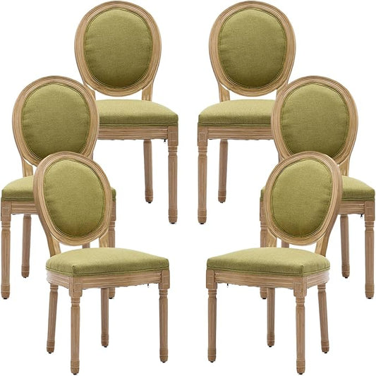 Vintage French Dining Chairs Set of 6, Round Back Upholstered Accent Chairs in Linen Fabric with Solid Wood Frame, Farmhouse Sillas de Comedor for Dining Room & Kitchen, Olive Green