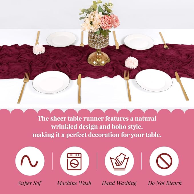 6 Pack Burgundy Cheesecloth Table Runner, 17 x 108 Inch, Gauze Cheese Cloth - Image 5