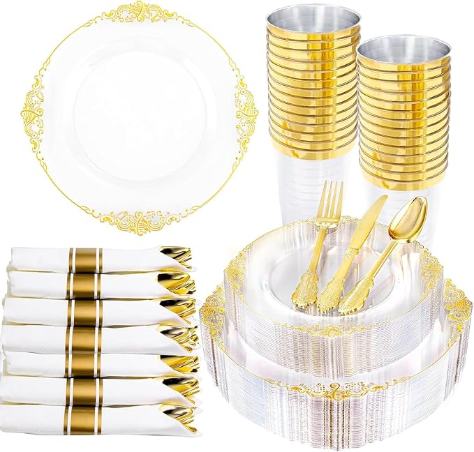 210 Pcs Clear Gold Plates for Party | Clear Party Plates Set for 30 Guests by Hioasis