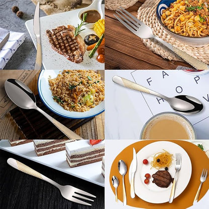 A·HOUSEWARE Hammered Silverware Gold and Silver Flatware Stainless Steel - Image 3