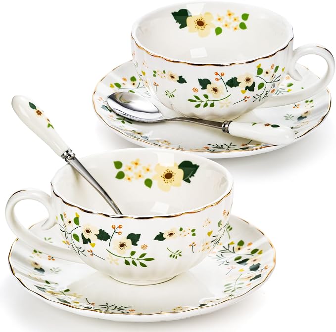 Lyellfe Set of 2 Tea Cup and Saucers | 6 Oz Floral Tea Cups by Lyellfe