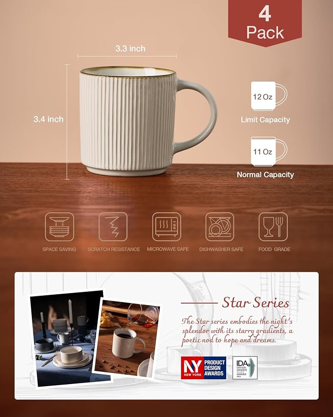 famiware Coffee Mug Set for 4, Star 12 oz Catering Mugs Cup Set - Image 4