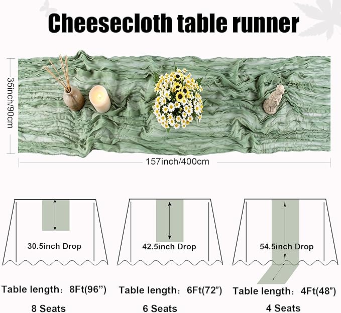 13.3FT Sage Green Cheesecloth Table Runner Spring Easter Decor Rustic Boho - Image 2