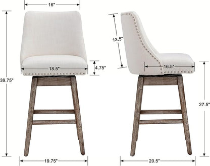 27.5" Counter Height Bar Stools Set of 3, Linen Fabric Mid Century Modern Swivel Barstools with Back & Wood Legs Comfy Upholstered Counter Chairs for Home Bar/Dining Room/Restaurant, Cream
