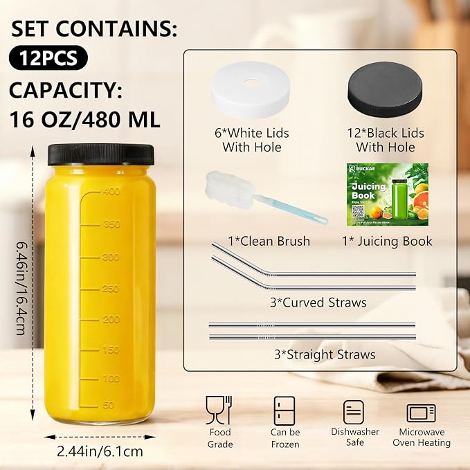 Ruckae 16oz 12 Pack Juice Bottles, Glass Bottles Juicing - Image 2
