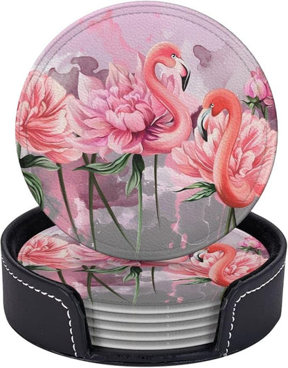 6 Pcs Pink Cute Flamingo Modern Art Boho Leather Coasters by Jfniub