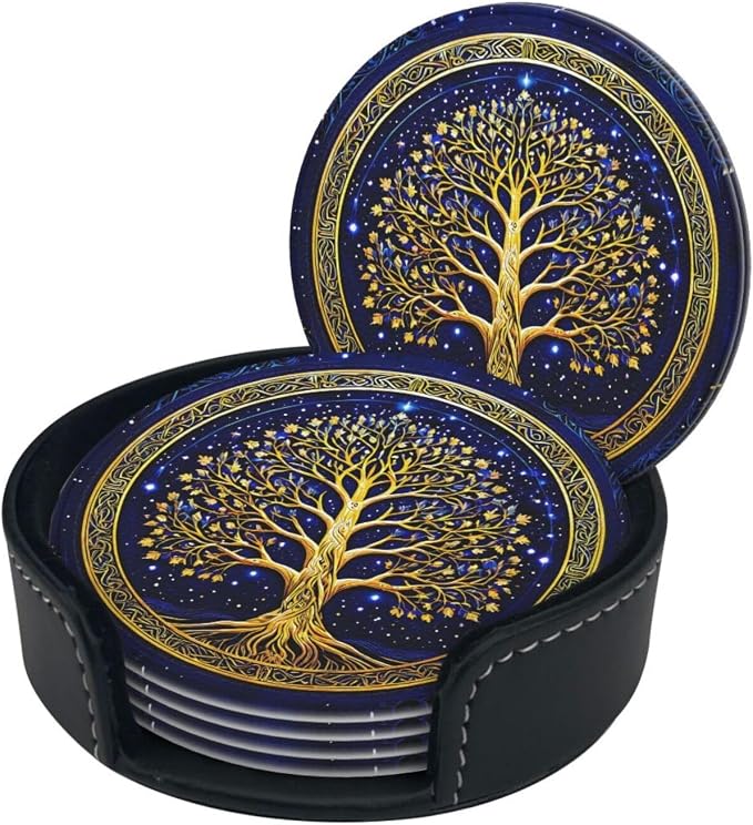 Drink Coasters with Holder Stand Set of 6, Tree of Life Gold Pu Leather - Image 8