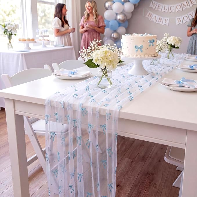 4 Pcs Blue Bow Table Runners 29 x 70 Inch Blue Tulle Lace Table Runner Coquette - Image 6