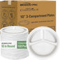 3 Compartment Compostable Heavy Duty Disposable Paper Plates, 150 Count | 10 Inch Round | Natural Bagasse, White Biodegradable Eco-Friendly School Lunch, Buffet, Party Sugarcane Tray