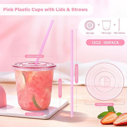 tchrules 100 Set 12oz Pink Round Bottom Plastic Cups - Image 2