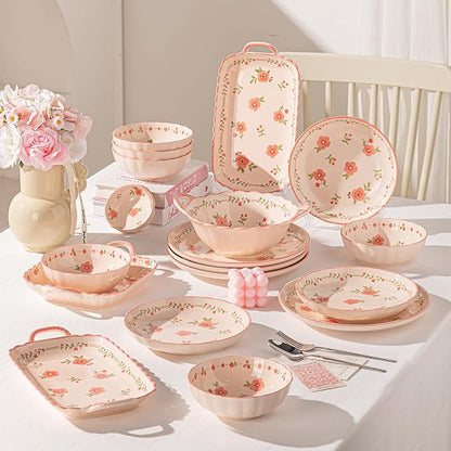 Ceramic Dinnerware Set, Floral Plates and Bowls Sets, Microwave & Dishwasher - Image 9
