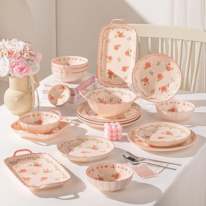 Ceramic Dinnerware Set, Floral Plates and Bowls Sets, Microwave & Dishwasher - Image 9