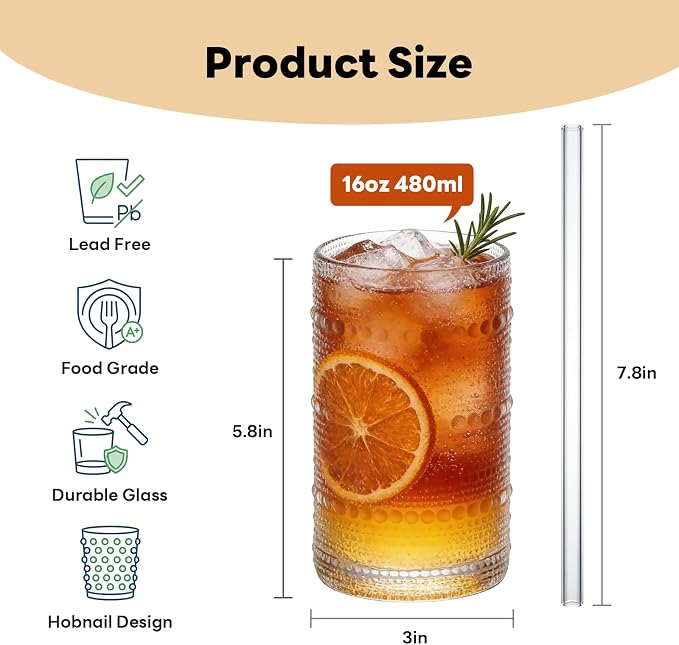 Large Hobnail Drinking Glasses Set of 6, 16oz | Highball Glasses Embossed Water - Image 2