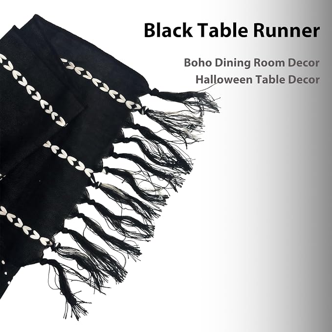 Halloween Black Table Runner 48 Inches Long, Fall Black Embroidered Striped - Image 2