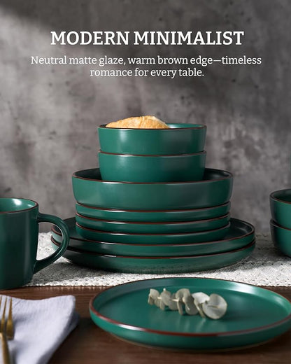 Famiware Mercury Plates and Bowls Sets, 18 Pieces Stoneware Dinnerware Sets, Dishes Set for 6, Microwave and Dishwasher Safe, Dark Green