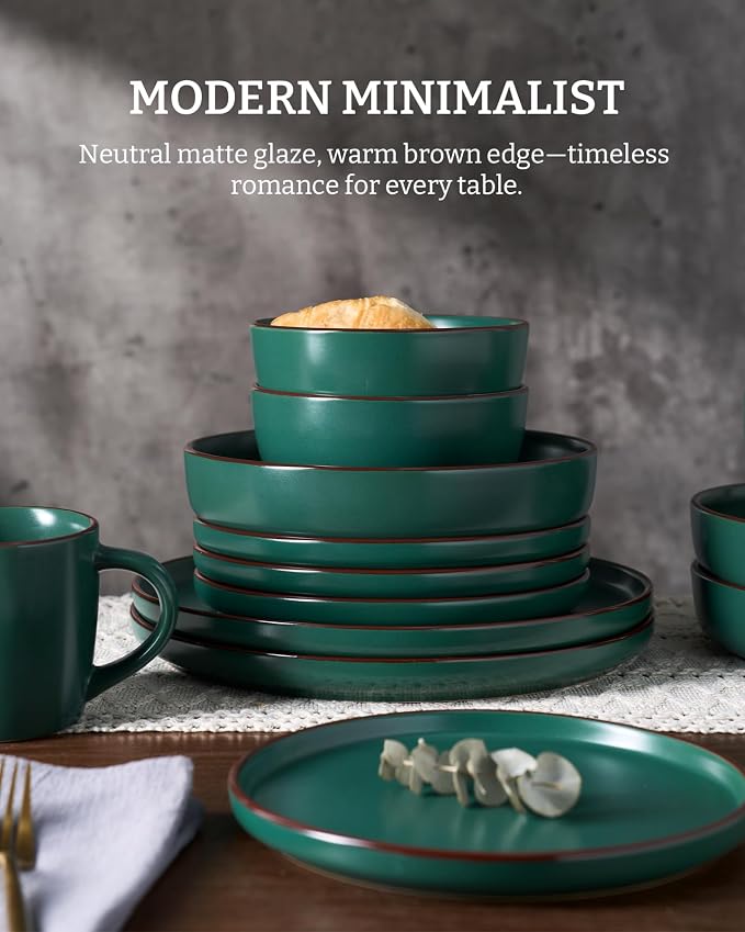 Famiware Mercury 12-Piece Stoneware Dinnerware Set, Dark Green | Plates and - Image 3