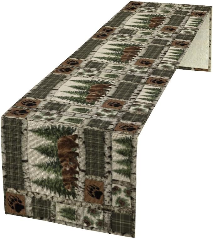 Vintage Rustic Cabin Moose Deer Bear Table Runner, Retro Bear Cottage Country by SXXLDNG