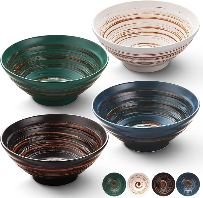 YUN TAO Ramen Bowl Set, 35 Oz Large Multicolor Ceramic Ramen Bowls Set of 4 by YUNTAO