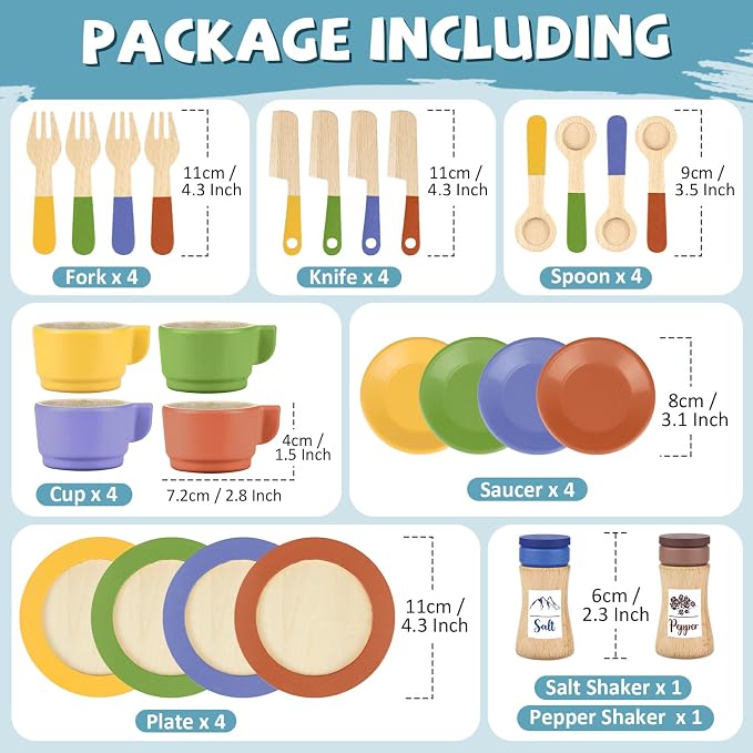 Wooden Play Dishes and Plates for Kids Kitchen Set Accessories | Cooking Toys - Image 2